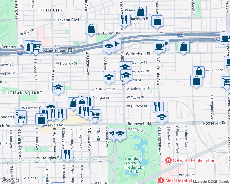 map of restaurants, bars, coffee shops, grocery stores, and more near 3026 West Taylor Street in Chicago