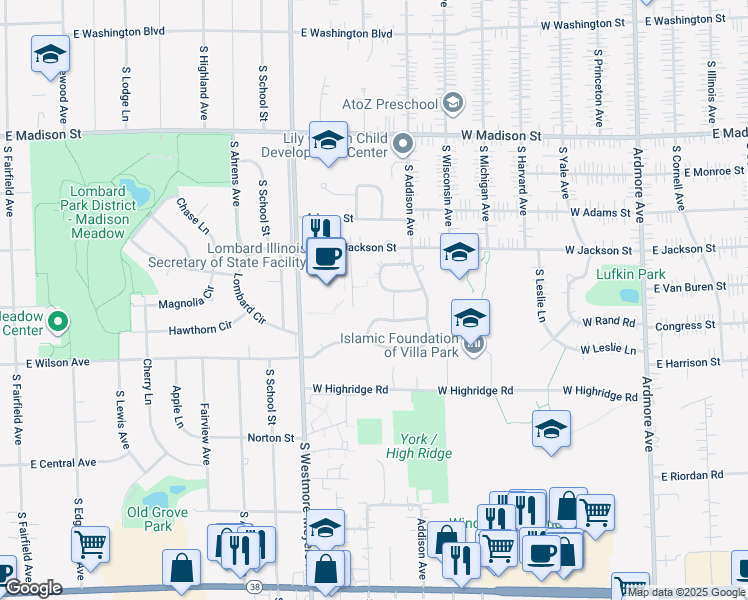 map of restaurants, bars, coffee shops, grocery stores, and more near 1110 East Wilson Avenue in Lombard