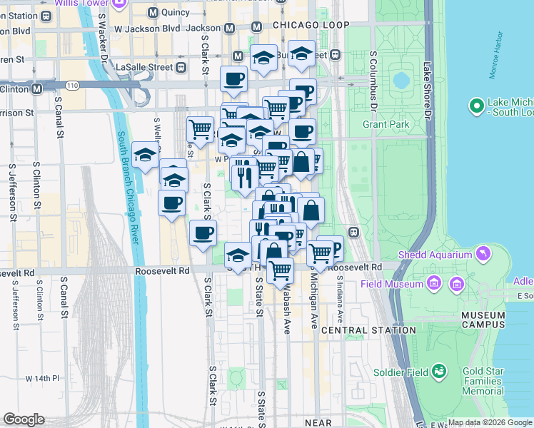 map of restaurants, bars, coffee shops, grocery stores, and more near 1025 South State Street in Chicago