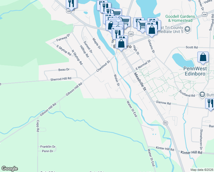 map of restaurants, bars, coffee shops, grocery stores, and more near 105 Green Oaks Drive in Edinboro