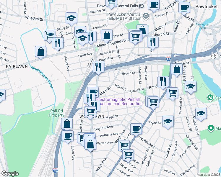 map of restaurants, bars, coffee shops, grocery stores, and more near 802 Main Street in Pawtucket