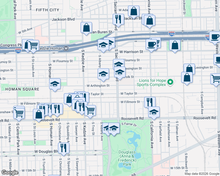 map of restaurants, bars, coffee shops, grocery stores, and more near 3026 West Taylor Street in Chicago
