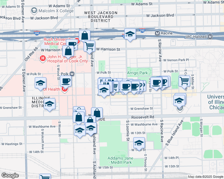 map of restaurants, bars, coffee shops, grocery stores, and more near 1508 West Taylor Street in Chicago