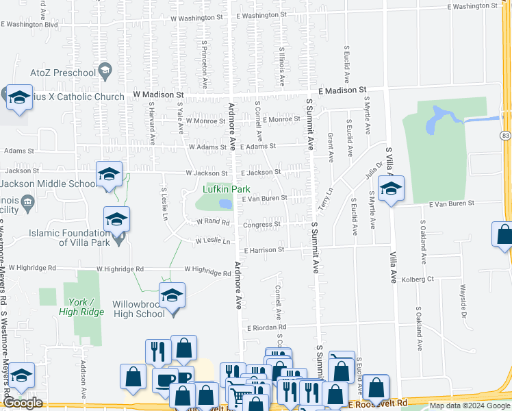 map of restaurants, bars, coffee shops, grocery stores, and more near 25 East Van Buren Street in Villa Park