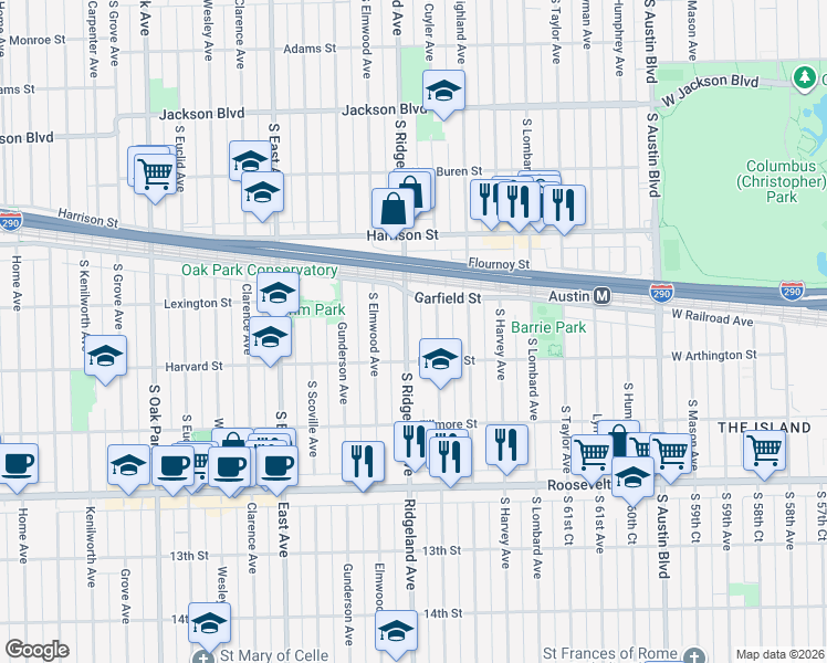 map of restaurants, bars, coffee shops, grocery stores, and more near 1035 South Ridgeland Avenue in Oak Park