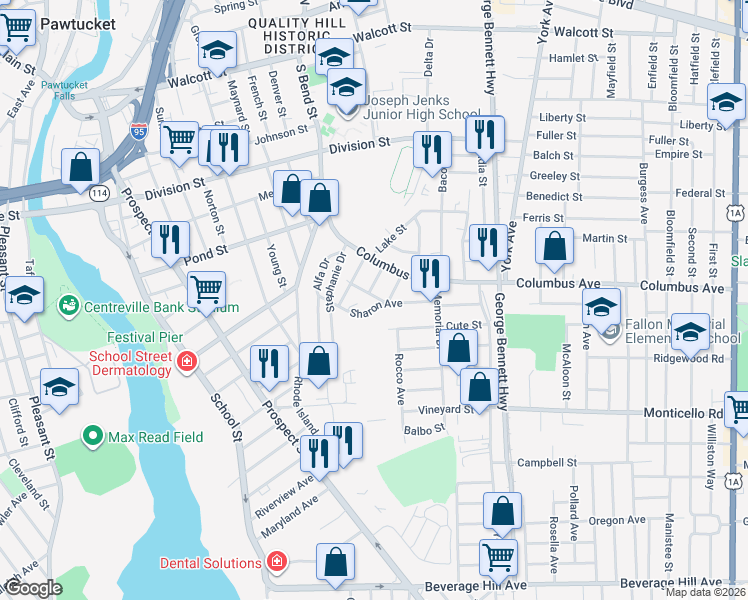 map of restaurants, bars, coffee shops, grocery stores, and more near 51 Cato Avenue in Pawtucket