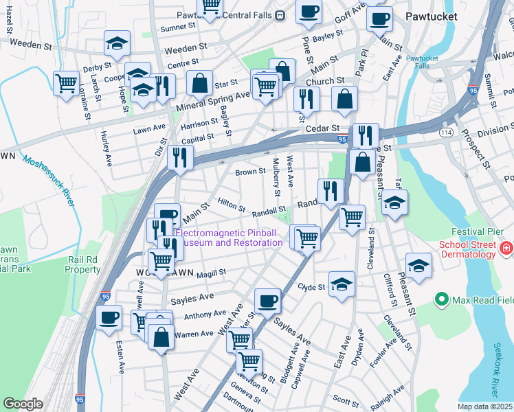 map of restaurants, bars, coffee shops, grocery stores, and more near 145 Randall Street in Pawtucket
