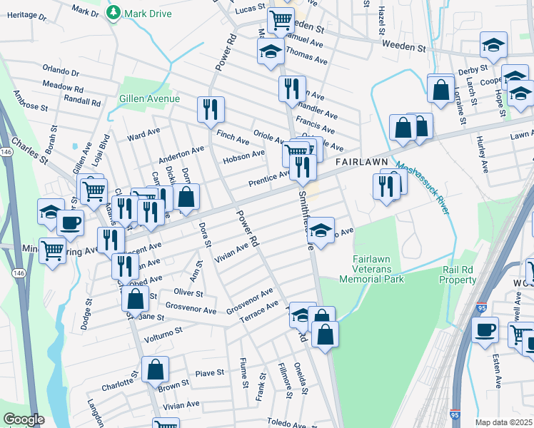 map of restaurants, bars, coffee shops, grocery stores, and more near 144 West Lawn Avenue in Pawtucket