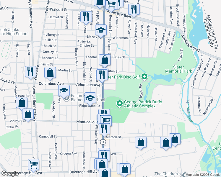 map of restaurants, bars, coffee shops, grocery stores, and more near 16 Loring Parkway in Pawtucket