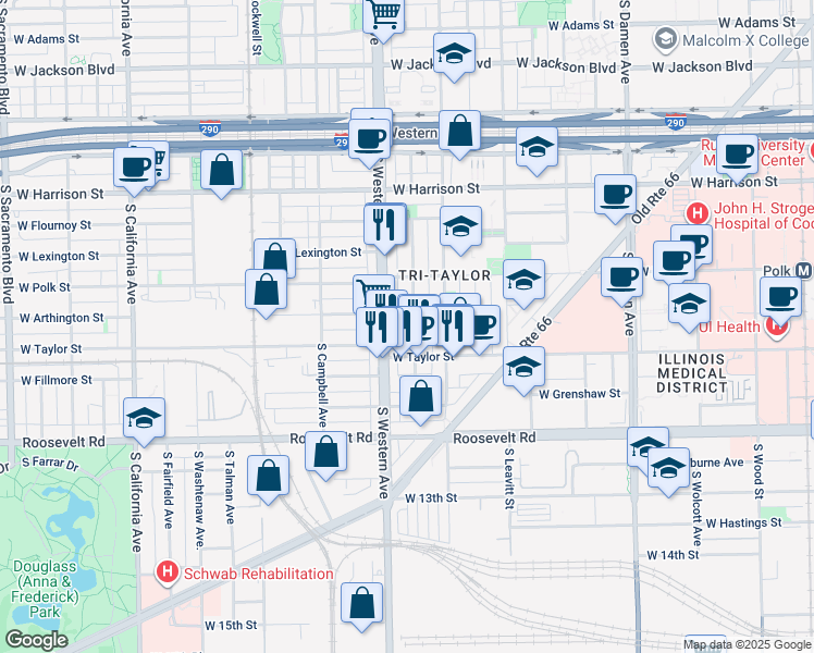 map of restaurants, bars, coffee shops, grocery stores, and more near 910 South Claremont Avenue in Chicago