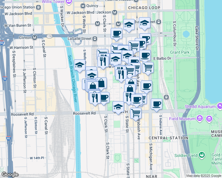 map of restaurants, bars, coffee shops, grocery stores, and more near South Park Terrace in Chicago