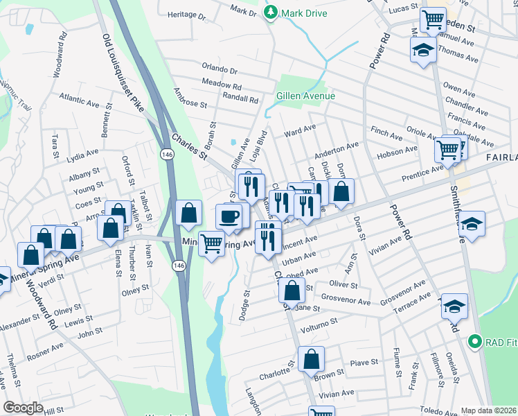 map of restaurants, bars, coffee shops, grocery stores, and more near 1105 Rhode Island 246 in North Providence