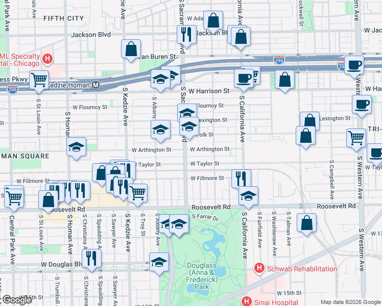 map of restaurants, bars, coffee shops, grocery stores, and more near 919 South Sacramento Boulevard in Chicago