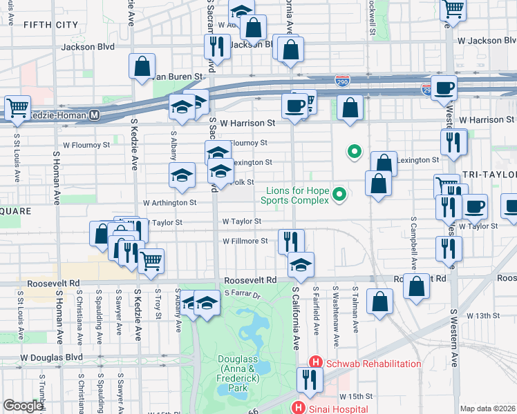 map of restaurants, bars, coffee shops, grocery stores, and more near 2838 West Taylor Street in Chicago