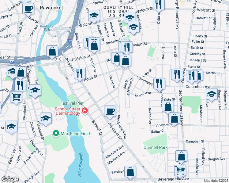 map of restaurants, bars, coffee shops, grocery stores, and more near 132 Rhode Island Avenue in Pawtucket
