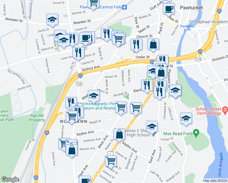 map of restaurants, bars, coffee shops, grocery stores, and more near 156 Randall Street in Pawtucket