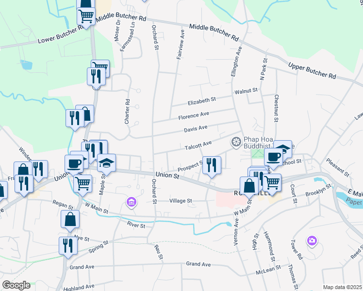 map of restaurants, bars, coffee shops, grocery stores, and more near 83 Talcott Avenue in Vernon
