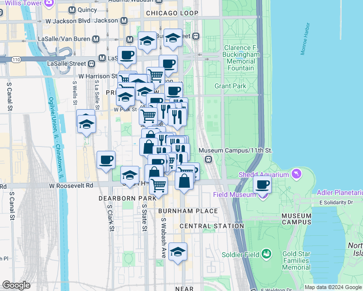 map of restaurants, bars, coffee shops, grocery stores, and more near in Chicago