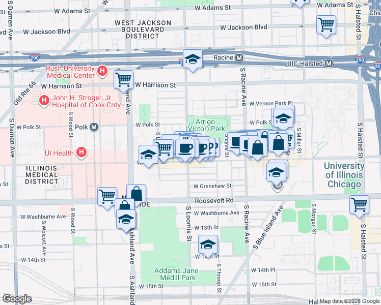 map of restaurants, bars, coffee shops, grocery stores, and more near 927A South Loomis Street in Chicago