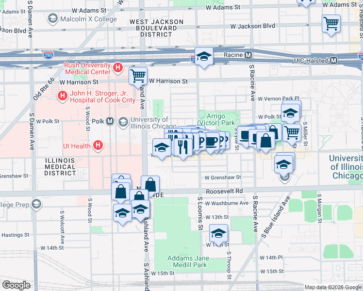 map of restaurants, bars, coffee shops, grocery stores, and more near 1004 South Bishop Street in Chicago