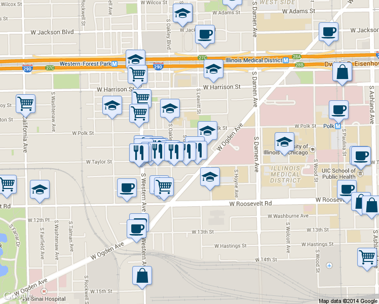 map of restaurants, bars, coffee shops, grocery stores, and more near 934 South Bell Avenue in Chicago