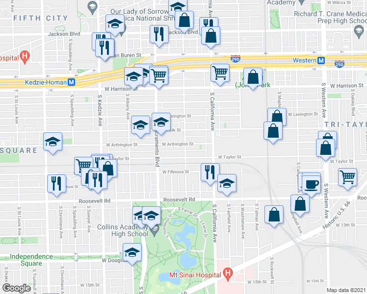 map of restaurants, bars, coffee shops, grocery stores, and more near 2912 West Taylor Street in Chicago
