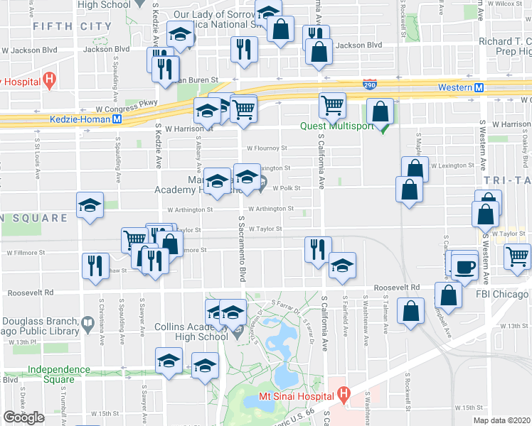 map of restaurants, bars, coffee shops, grocery stores, and more near 2912 West Taylor Street in Chicago