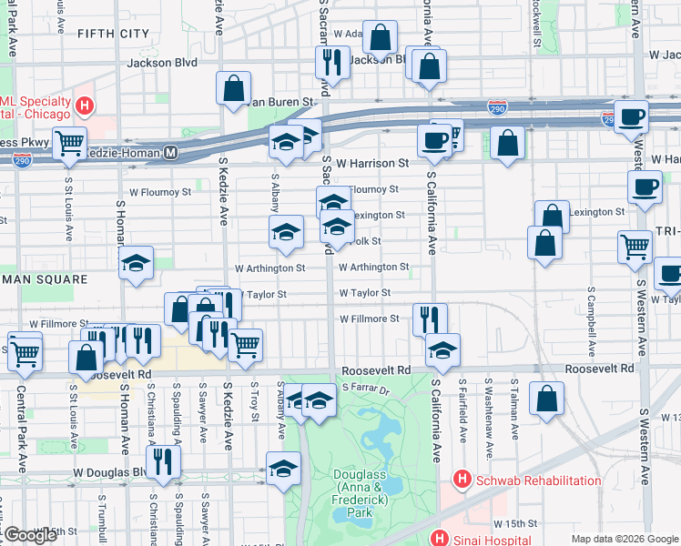 map of restaurants, bars, coffee shops, grocery stores, and more near 919 South Sacramento Boulevard in Chicago
