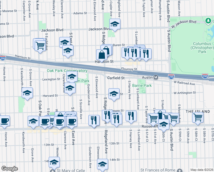 map of restaurants, bars, coffee shops, grocery stores, and more near 1035 South Ridgeland Avenue in Oak Park