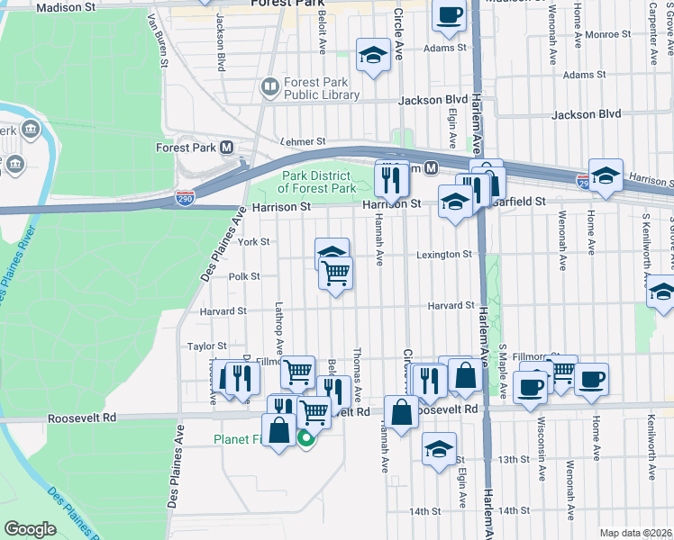 map of restaurants, bars, coffee shops, grocery stores, and more near 922 Beloit Avenue in Forest Park