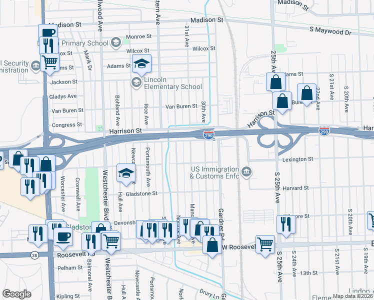 map of restaurants, bars, coffee shops, grocery stores, and more near 711 Norfolk Avenue in Westchester