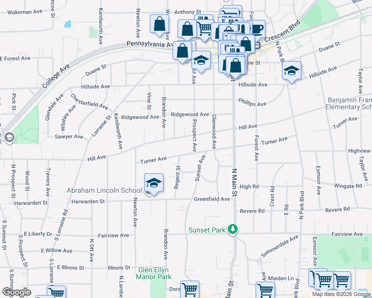 map of restaurants, bars, coffee shops, grocery stores, and more near 430 Turner Avenue in Glen Ellyn