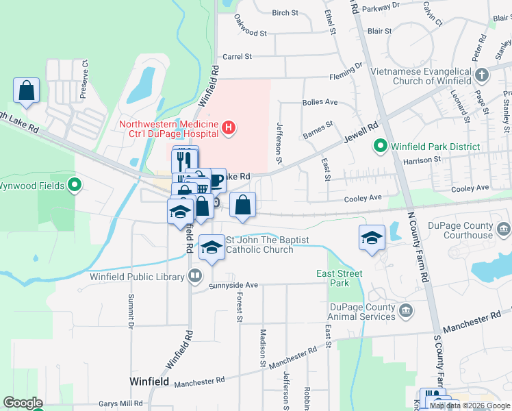 map of restaurants, bars, coffee shops, grocery stores, and more near in Winfield
