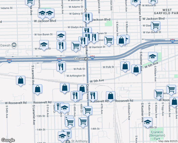 map of restaurants, bars, coffee shops, grocery stores, and more near 4741 West Arthington Street in Chicago