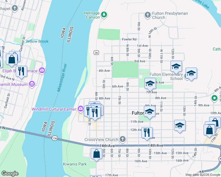 map of restaurants, bars, coffee shops, grocery stores, and more near 527-599 7th Avenue in Fulton