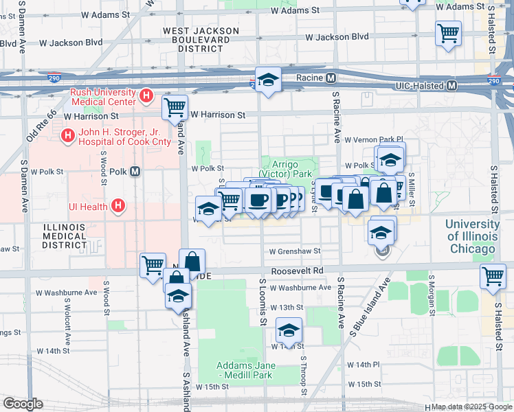 map of restaurants, bars, coffee shops, grocery stores, and more near 908 South Loomis Street in Chicago