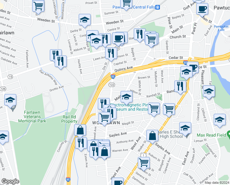 map of restaurants, bars, coffee shops, grocery stores, and more near 36 Webb Street in Pawtucket
