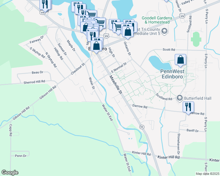 map of restaurants, bars, coffee shops, grocery stores, and more near 214 Meadville St in Edinboro