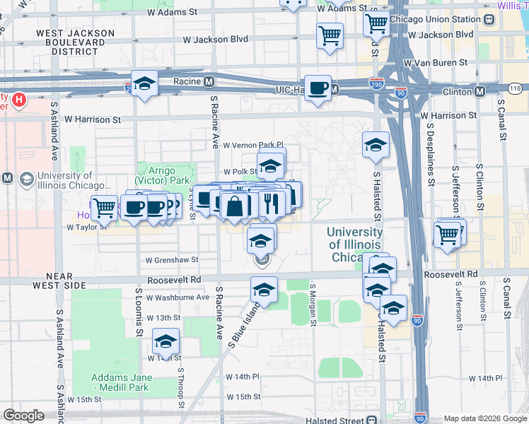 map of restaurants, bars, coffee shops, grocery stores, and more near 1074 West Taylor Street in Chicago