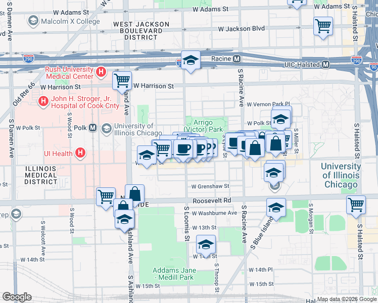map of restaurants, bars, coffee shops, grocery stores, and more near 907 South Loomis Street in Chicago