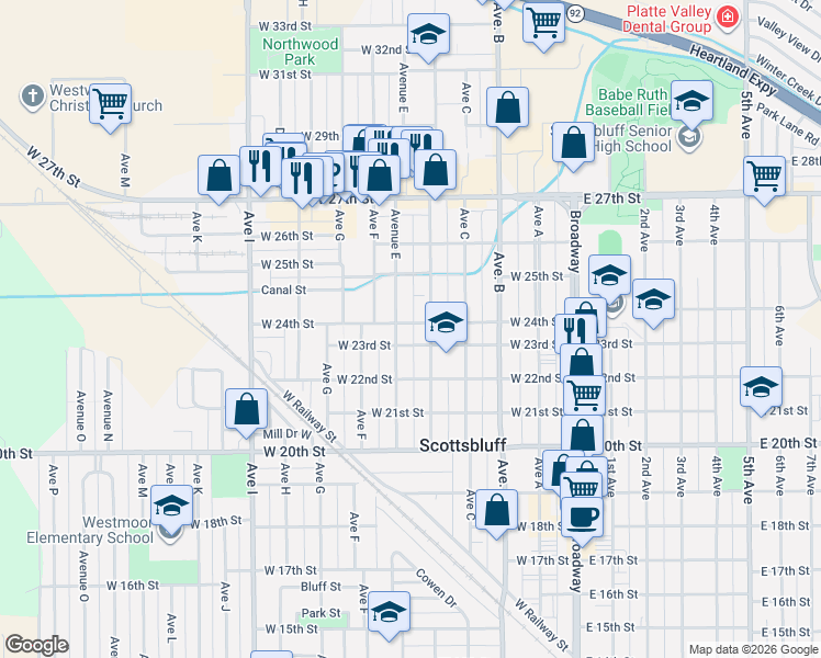 map of restaurants, bars, coffee shops, grocery stores, and more near 450-498 West 23rd Street in Scottsbluff
