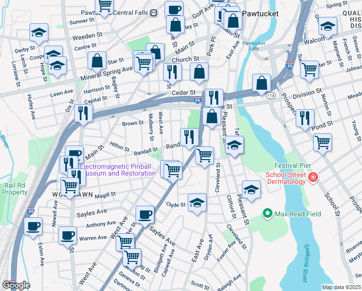 map of restaurants, bars, coffee shops, grocery stores, and more near 32 Pine Street in Pawtucket