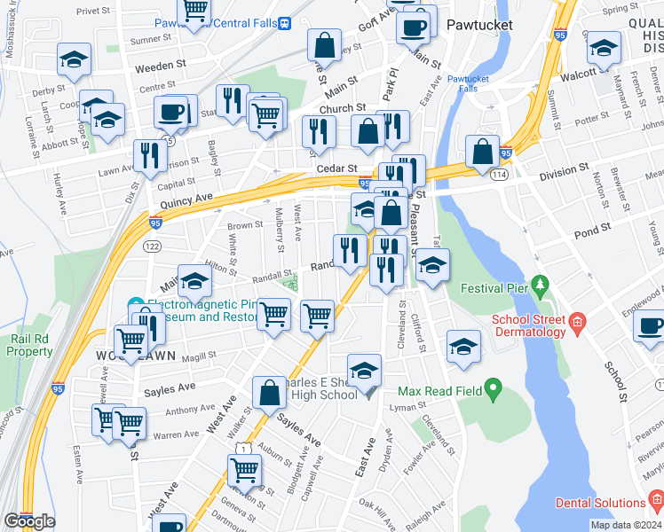 map of restaurants, bars, coffee shops, grocery stores, and more near 32 Pine Street in Pawtucket