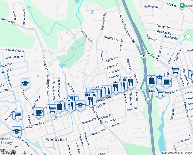map of restaurants, bars, coffee shops, grocery stores, and more near 9 Hillview Drive in North Providence