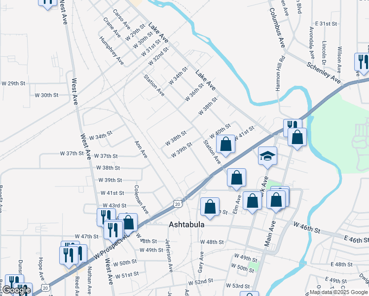 map of restaurants, bars, coffee shops, grocery stores, and more near in Ashtabula