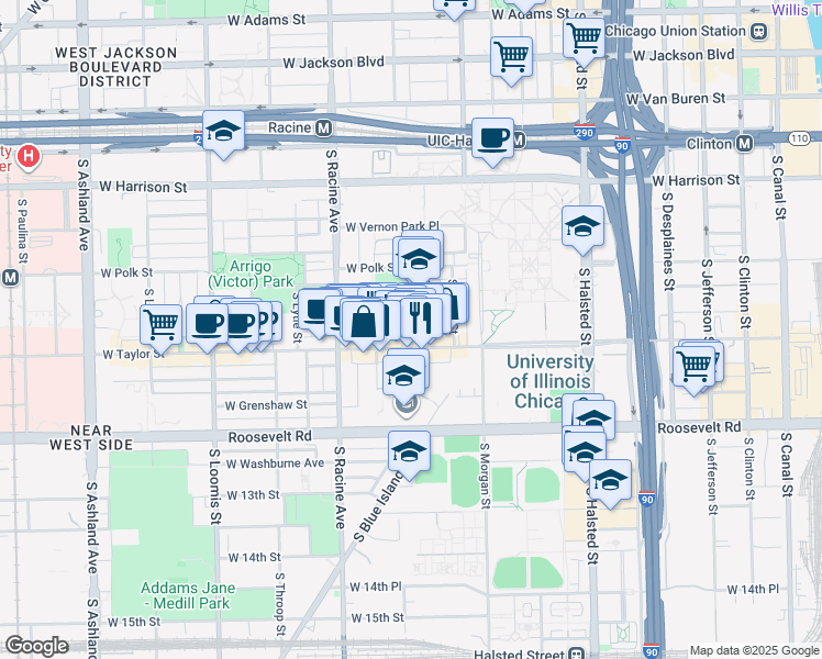 map of restaurants, bars, coffee shops, grocery stores, and more near 1074 West Taylor Street in Chicago
