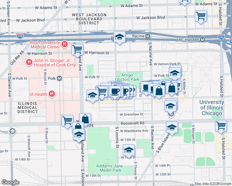 map of restaurants, bars, coffee shops, grocery stores, and more near 927A South Loomis Street in Chicago