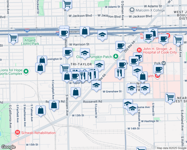 map of restaurants, bars, coffee shops, grocery stores, and more near 2160 Ogden Avenue in Chicago