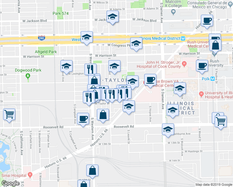 map of restaurants, bars, coffee shops, grocery stores, and more near 934 South Bell Avenue in Chicago