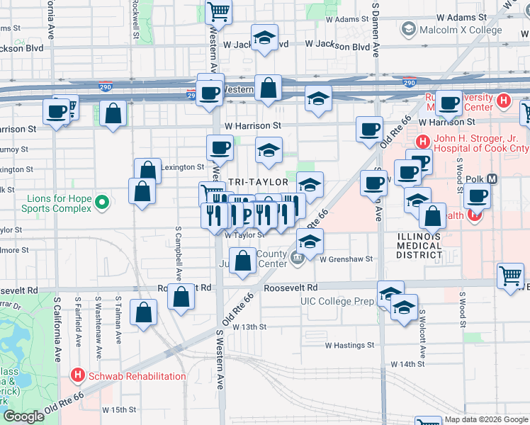 map of restaurants, bars, coffee shops, grocery stores, and more near 926 South Oakley Boulevard in Chicago